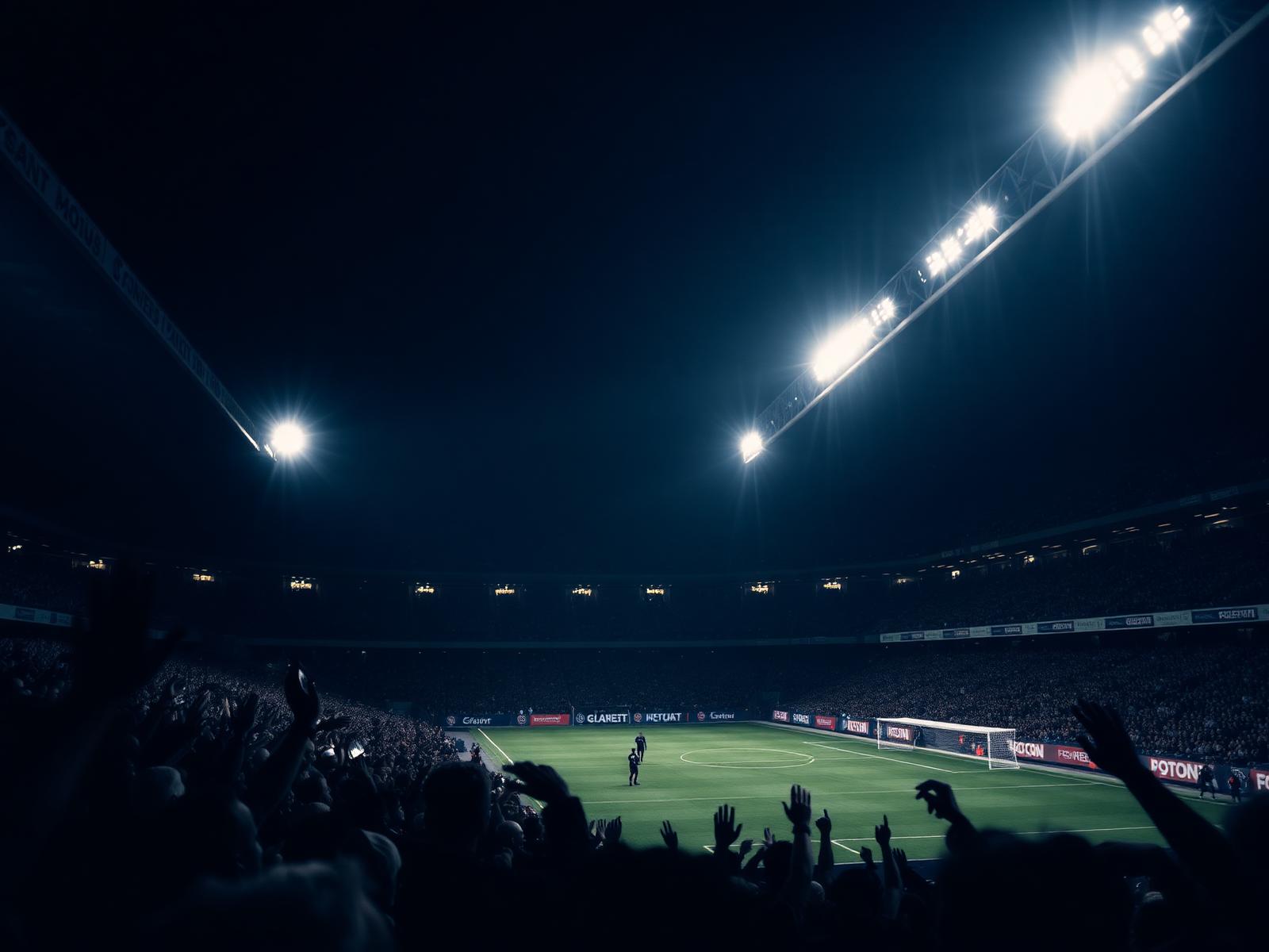 Floodlit football stadium at night seen from within the crowd