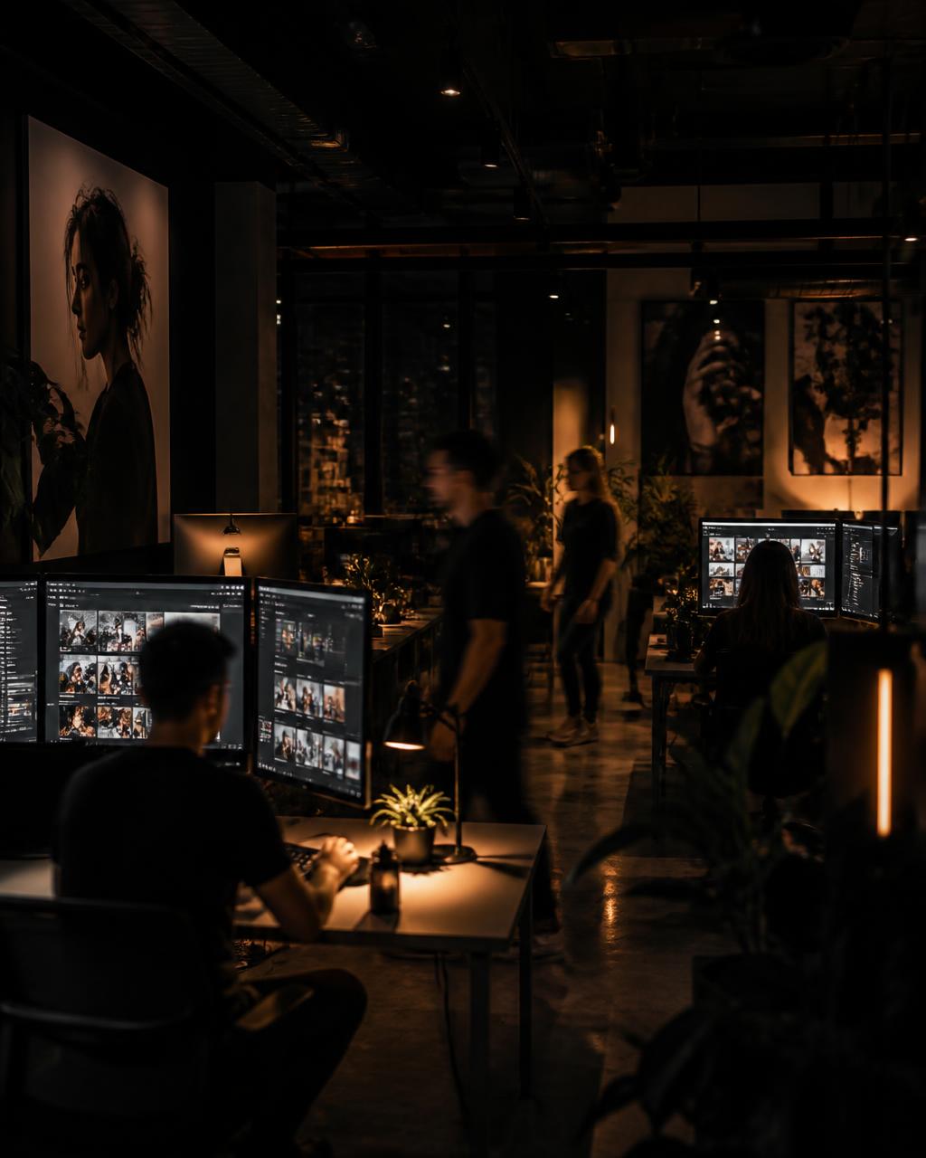 Socially Powerful agency studio at night with teams reviewing social campaign content on screens